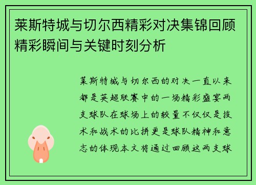 莱斯特城与切尔西精彩对决集锦回顾精彩瞬间与关键时刻分析