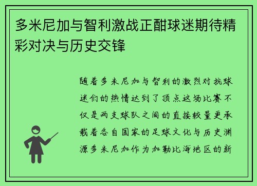 多米尼加与智利激战正酣球迷期待精彩对决与历史交锋